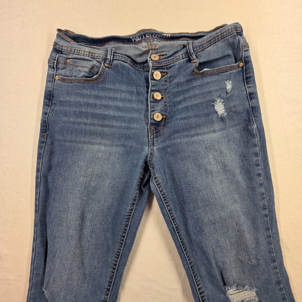 Wallflower Flirty Curvy High Rise Button Fly Flare Denim Distressed Faded Jeans - Picture 6 of 16